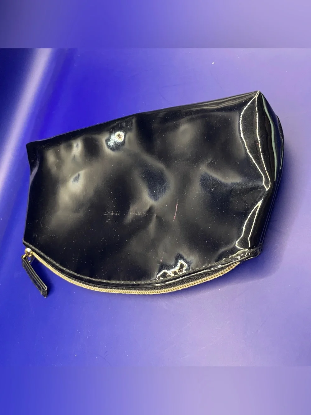 Vintage Glossy Black Patent Leather Cosmetic Bag Gold Zipper Small
